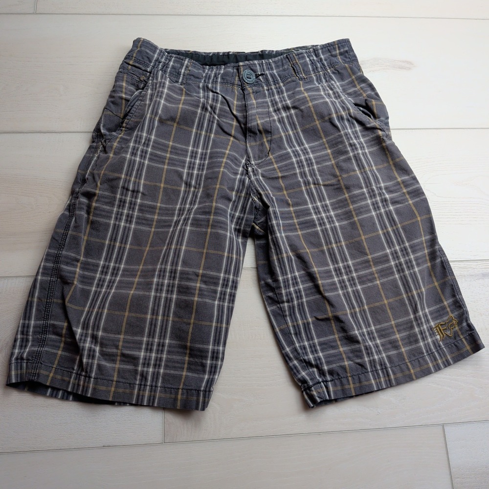 Fox Racing Shorts Mens 30 Flat Front Gray Plaid Chino